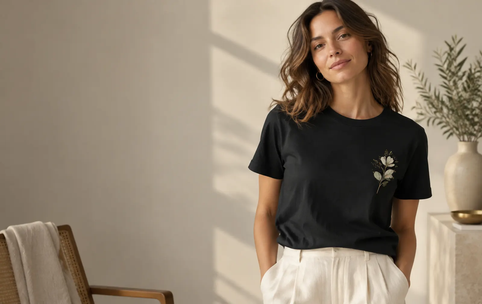 Mulher vestindo camiseta preta personalizada com estampa DTF botânica EssencYou