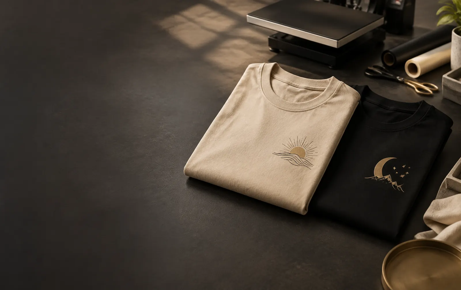Camisetas preta e areia com estampas DTF prontas para produção